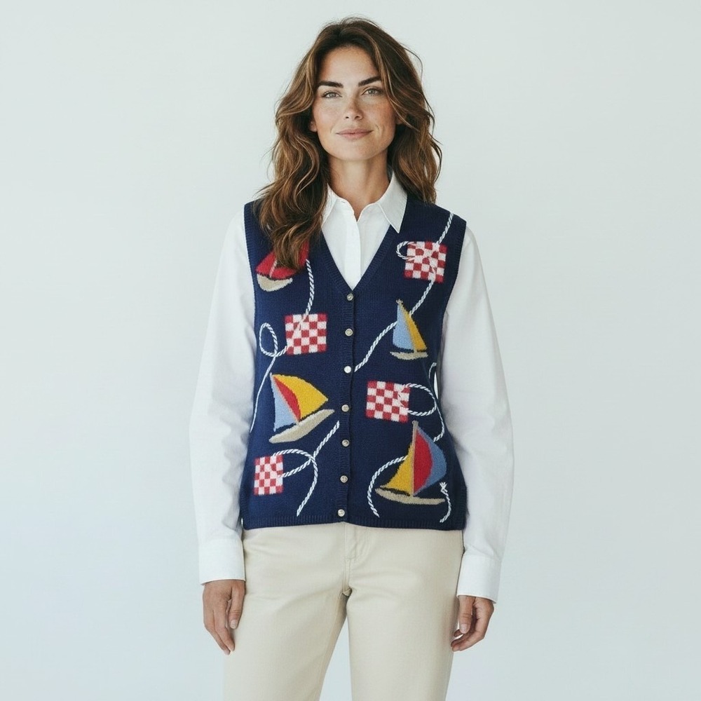 Vintage Sweater Vest Womens‎ L Navy Sailboats Nautical Chunky Knit Ramie Cotton